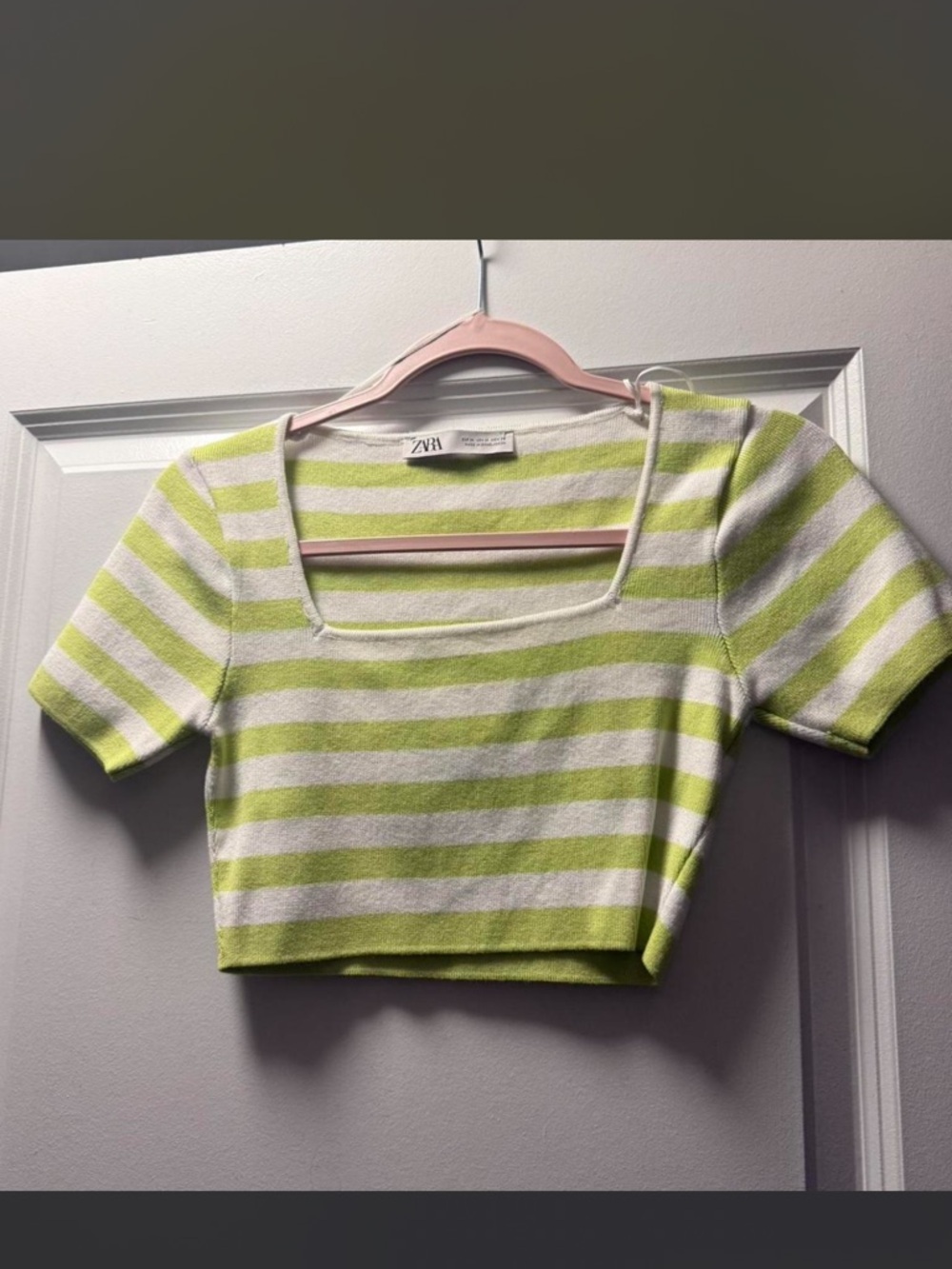 Zara Lime Green & White Striped Square-Neck Crop Top